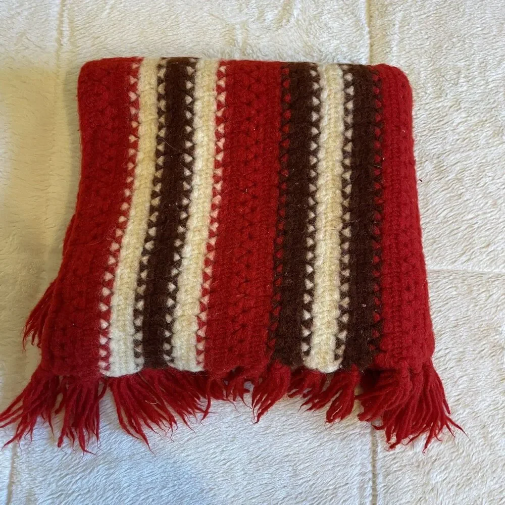 Vintage Felted Wool Afghan Throw Thick Heavy Red Brown White Fringe 47x26
